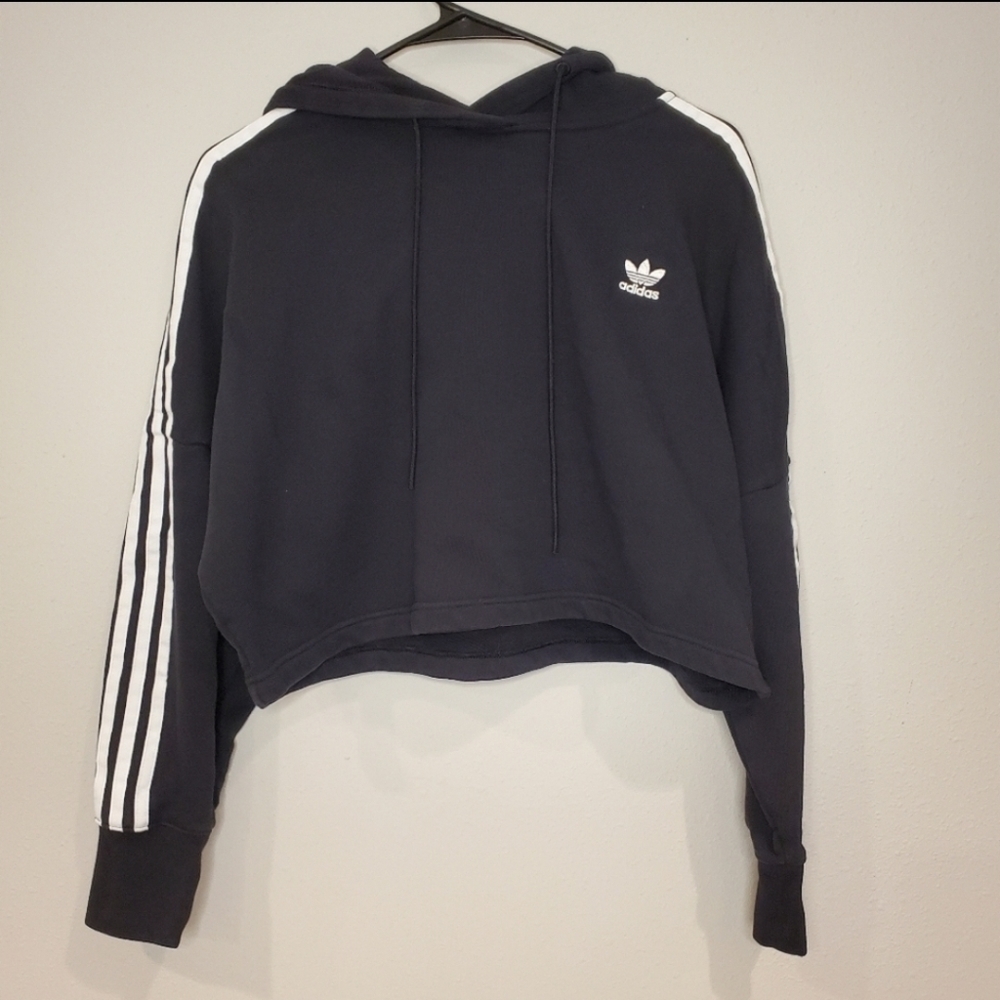 Adidas Black and White Women's Crop Boxy Hooded Sweatshirt Size small